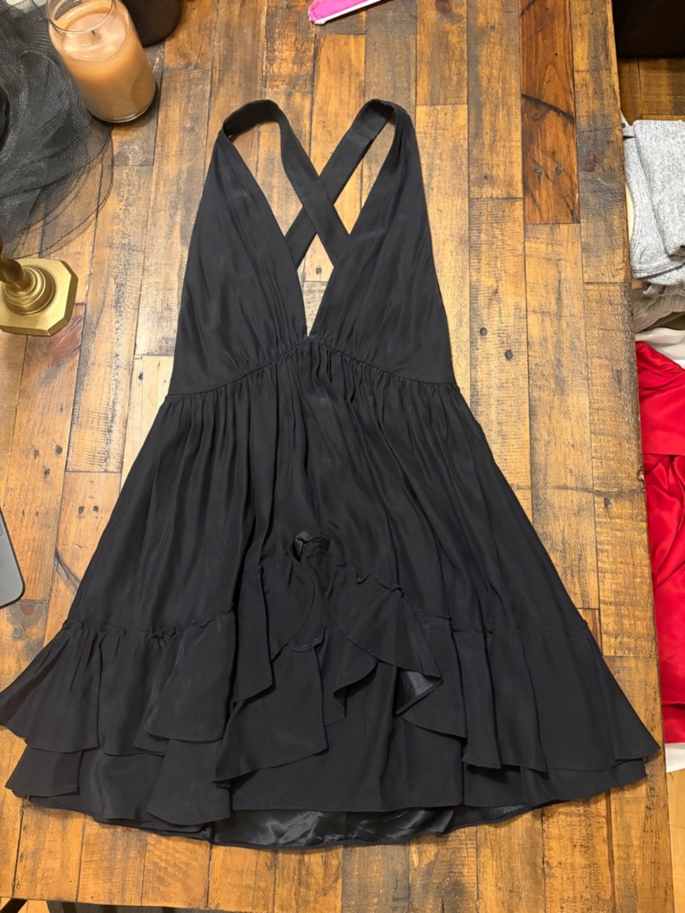 Elizabeth and James Black Crossback V-Neck Ruffle Mini Dress